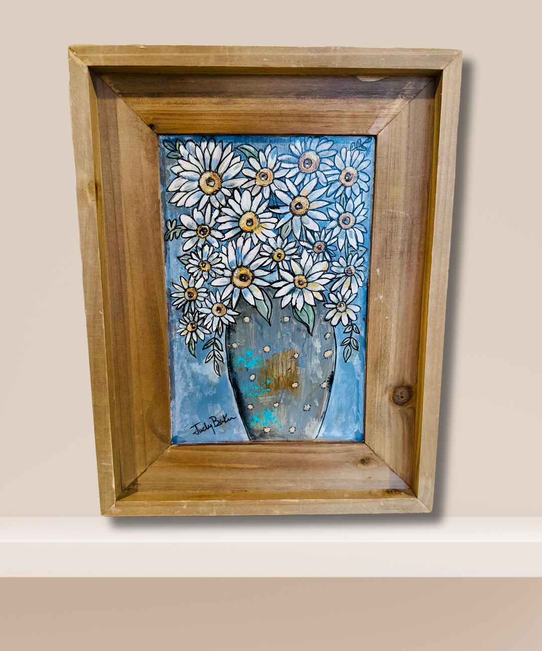 Daisy Blues (frame + hook) 12 x 18 (Acrylic & Ink)