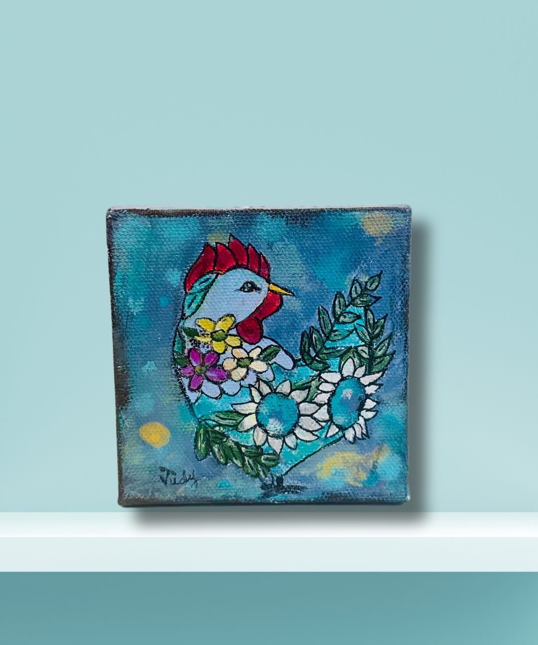 Flowered Hen 4 x 4 (Acrylic & Ink)